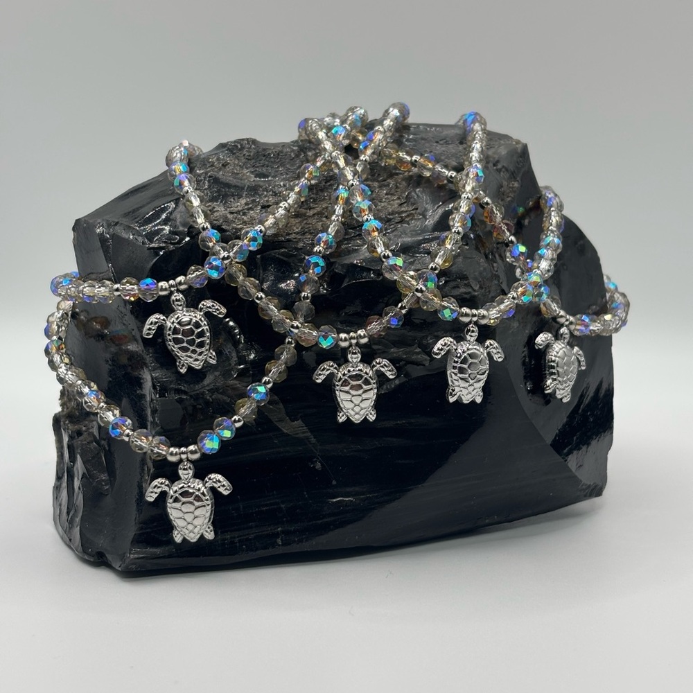 *ANKLET* Silver Sea Turtle & AB Sunset Stretchy Anklet